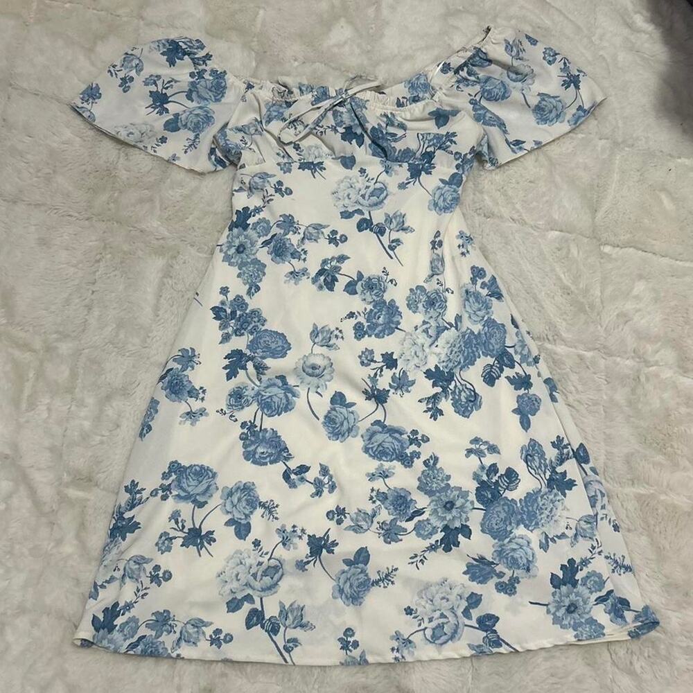 Blue and white floral off shoulder dress